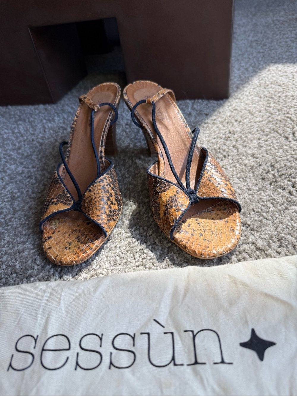 Sessùn Tan Snake-Print Slingback Heels with Navy Suede Trim